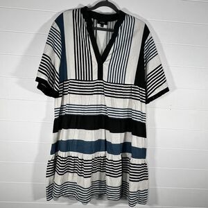 MSK Women's Striped Tunic Flared Dress Sz L Linen Rayon Blend Bell Fringe Sleeve